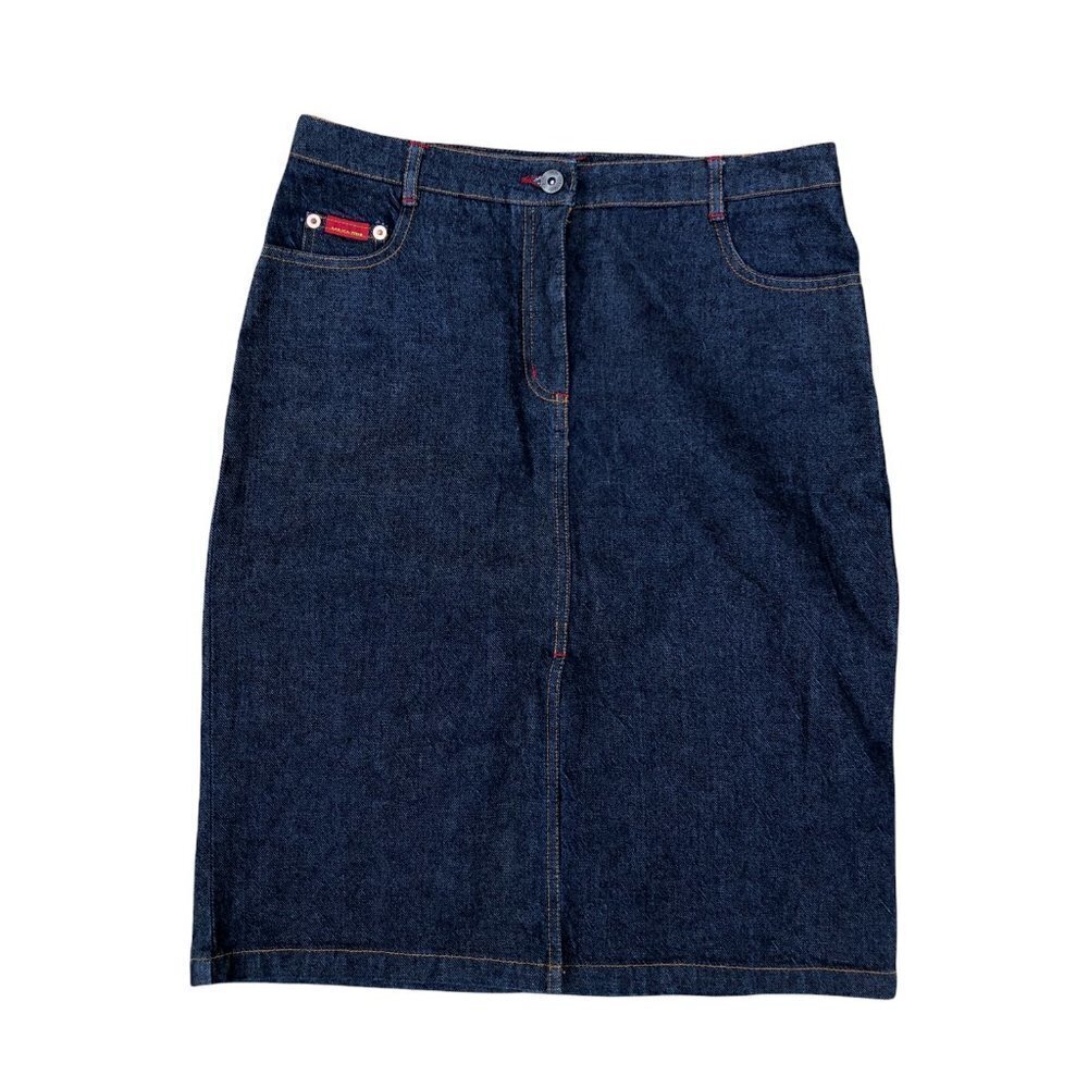 BCBG Max Azria Jeans Denim Skirt Women's 8 Front Slit Long Below Knee De…​​